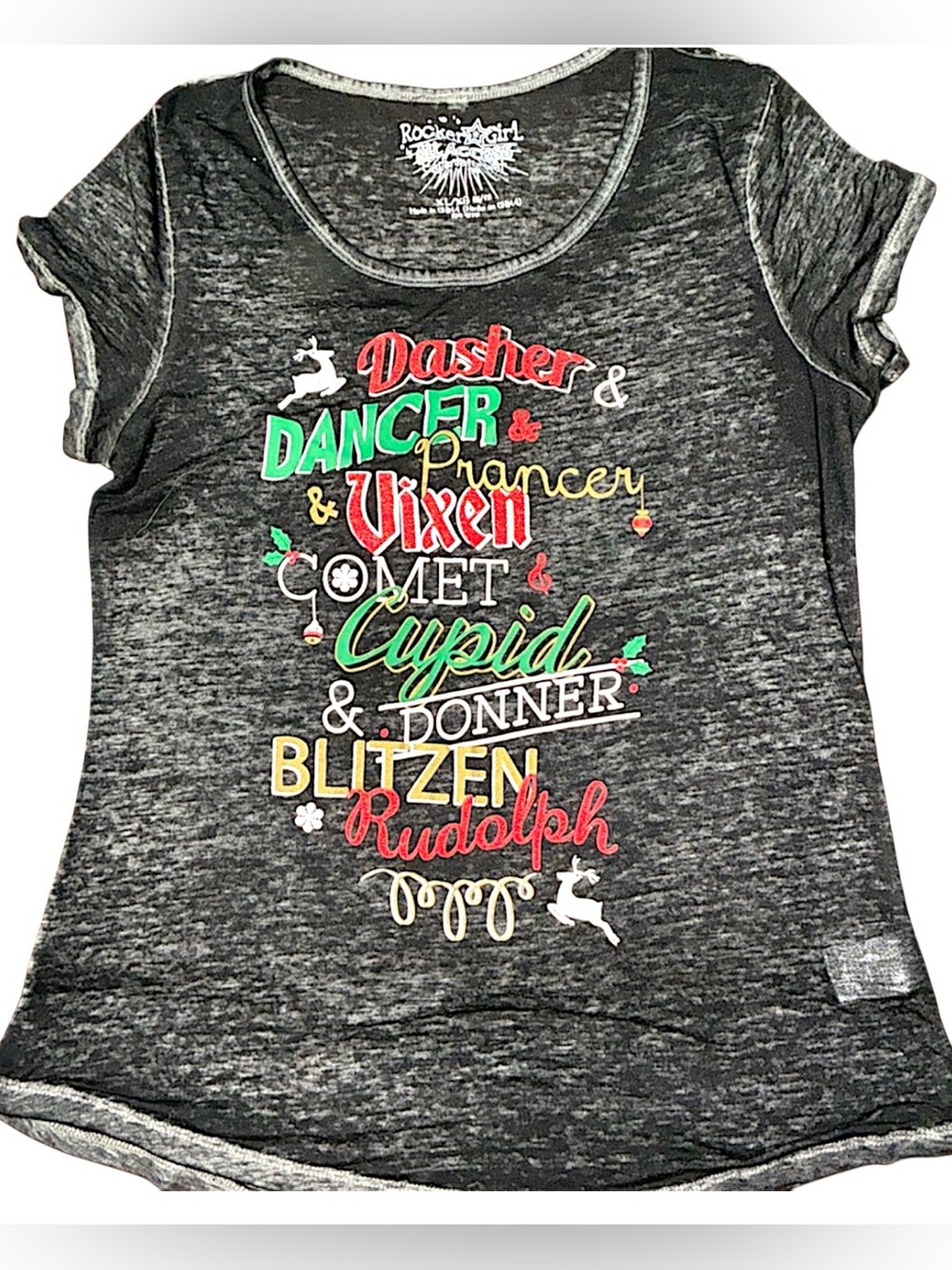 Rocker Girl NWOT Burnout Christmas Reindeer Names Graphic T-Shirt Gray Womens XL